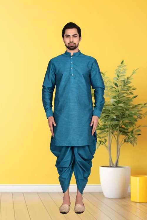 Blue Plain Dupion Silk Full Sleeve Kurta And Dhoti Set For Men