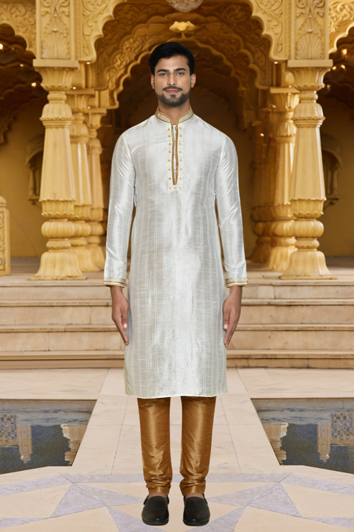 Men's White Embroidered Kurta Churidar