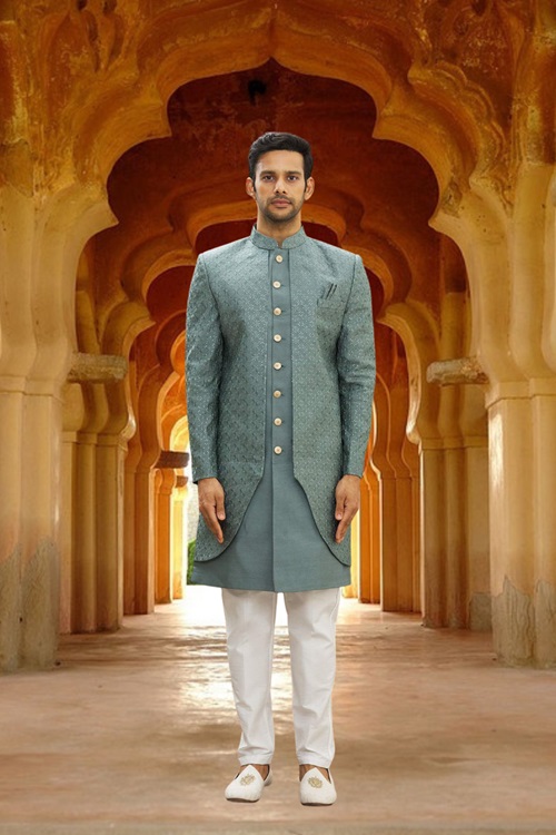 MEN'S GREY EMBROIDERED SHERWANI