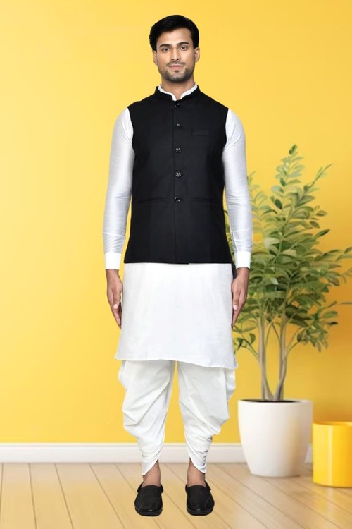 Off White Dupion Silk Plain Full Sleeve Kurta And Dhoti Set With Black Jacket For Men
