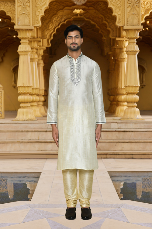 Men's White Embroidered Kurta Churidar