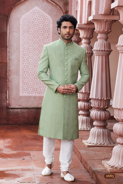 Men's Pista Green Woven Sherwani