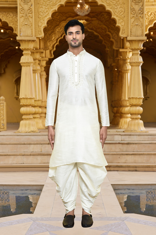 Men's White Art Silk Dhoti Kurta