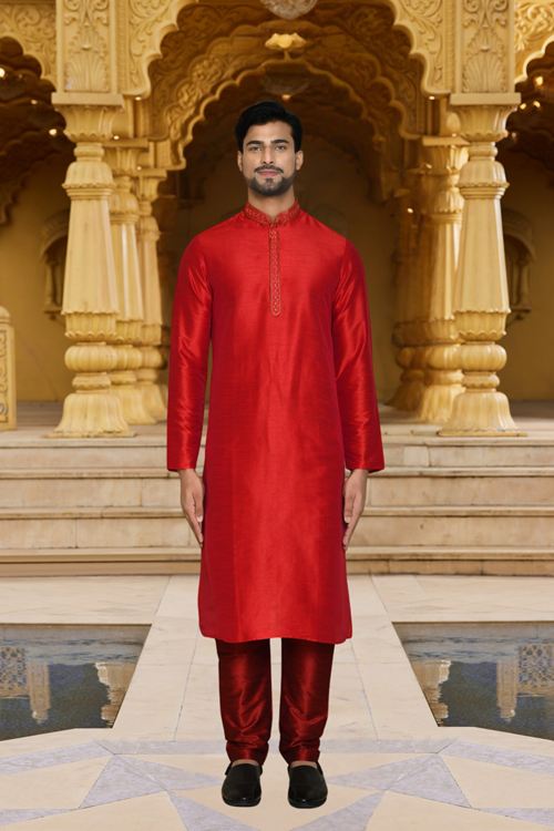 Men's Red Embroidered Kurta Churidar