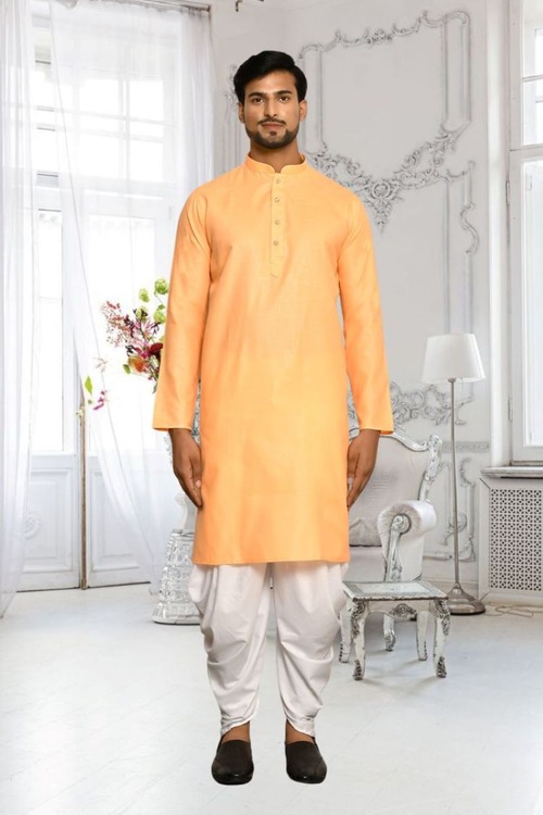 Orange Plain Cotton Full Sleeve Kurta And Dhoti Set For Men
